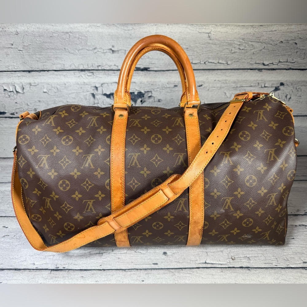 Louis Vuitton Keepall 50 Bandouliere brown monogram leather duffle travel bag